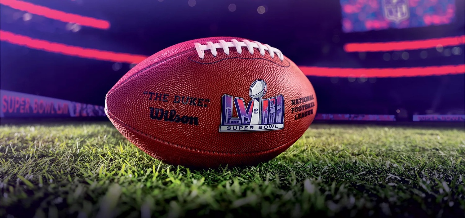 2024 Superbowl LVIII graphic featuring a football on a field with the official NFL logo