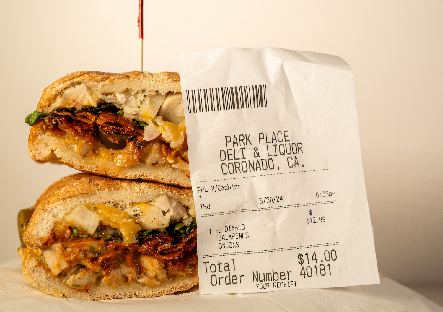 Best liquor store sandwiches in San Diego featuring the El Diablo sandwich from Park Place Liquor in Coronado