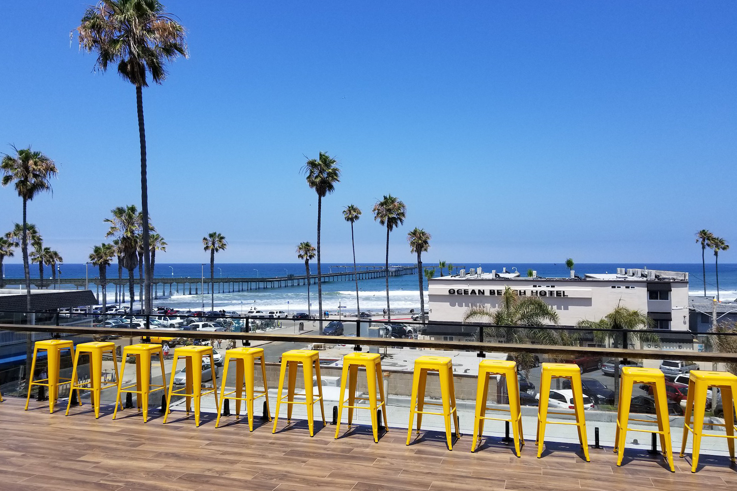 View of the Ocean Beach pier from San Diego rooftop bar The Holding Company