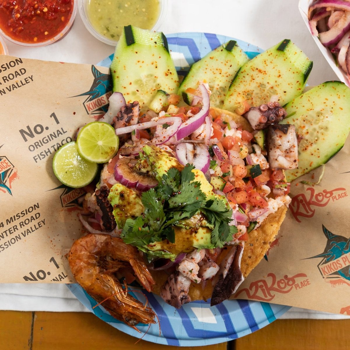 A plate of seafood and Baja-style tacos from Kiko's Place Seafood food truck 