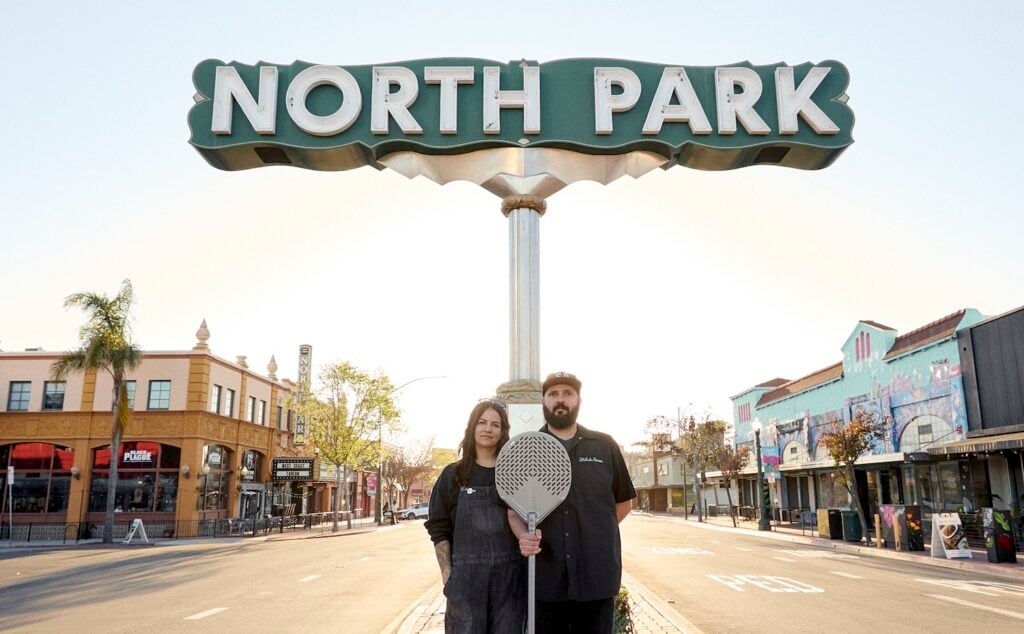 San Diego's North Park sign featuring Matt Lyons & Ammanda Lopez-Minera of Tribute Pizza