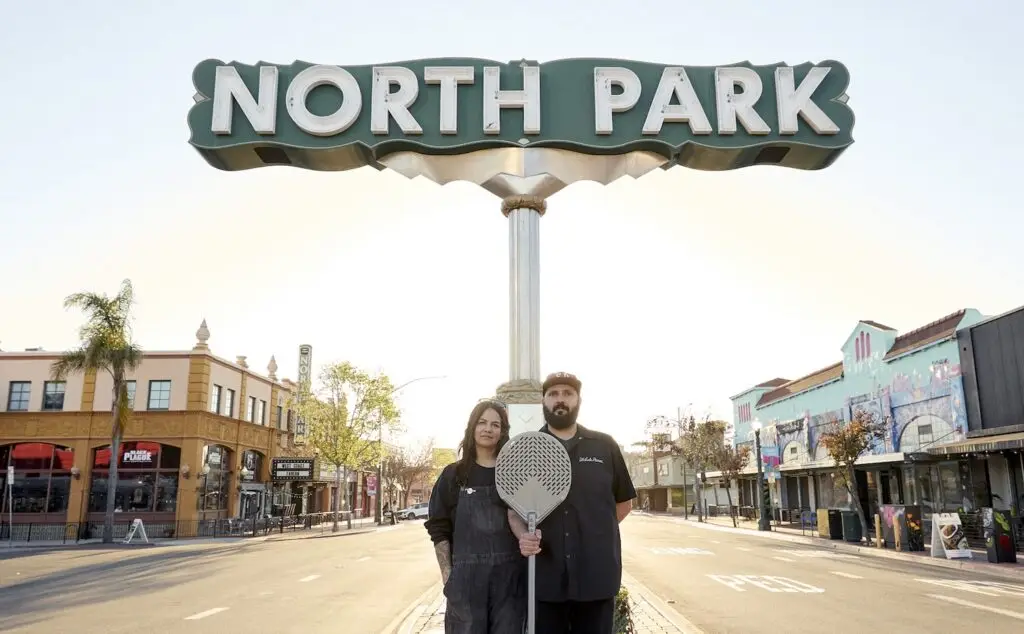 San Diego's North Park sign featuring Matt Lyons & Ammanda Lopez-Minera of Tribute Pizza