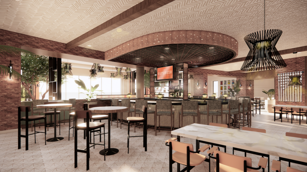 Interior rendering of baja style mexican restaurant Rumorosa