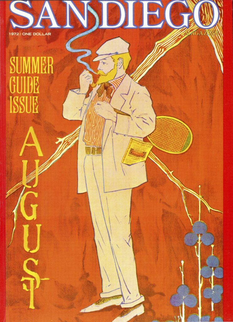 August 1972 San Diego Magazine cover of a man smoking a pipe with a tennis racket under his arm set on an orange background