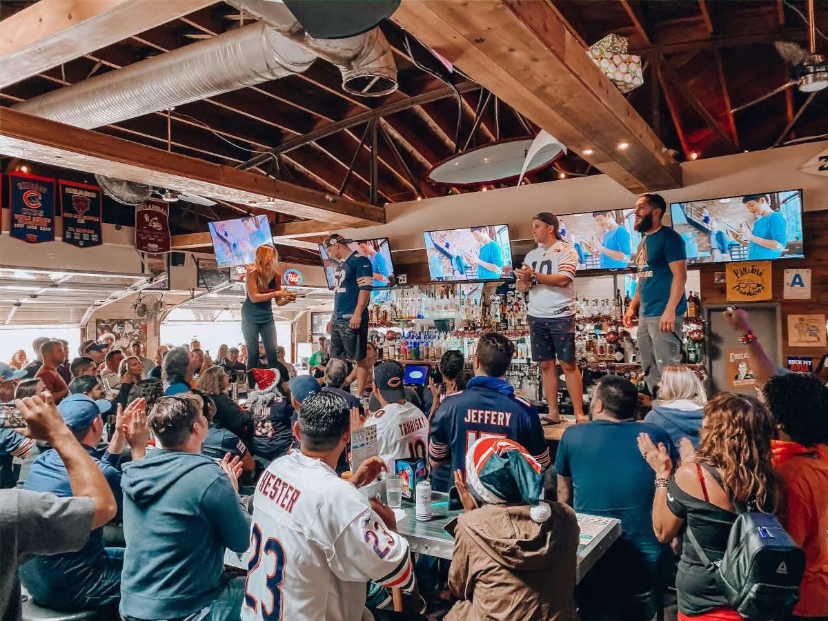 Interior of San Diego sports bar 710 Beach Club where NFL fans watch Chicago Bears football games in Pacific Beach