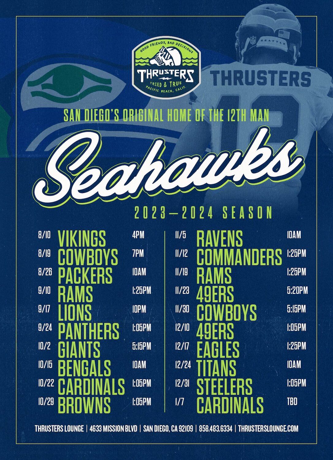 Thrusters Lounge Seattle Seahwaks NFL Sports Bar San Diego