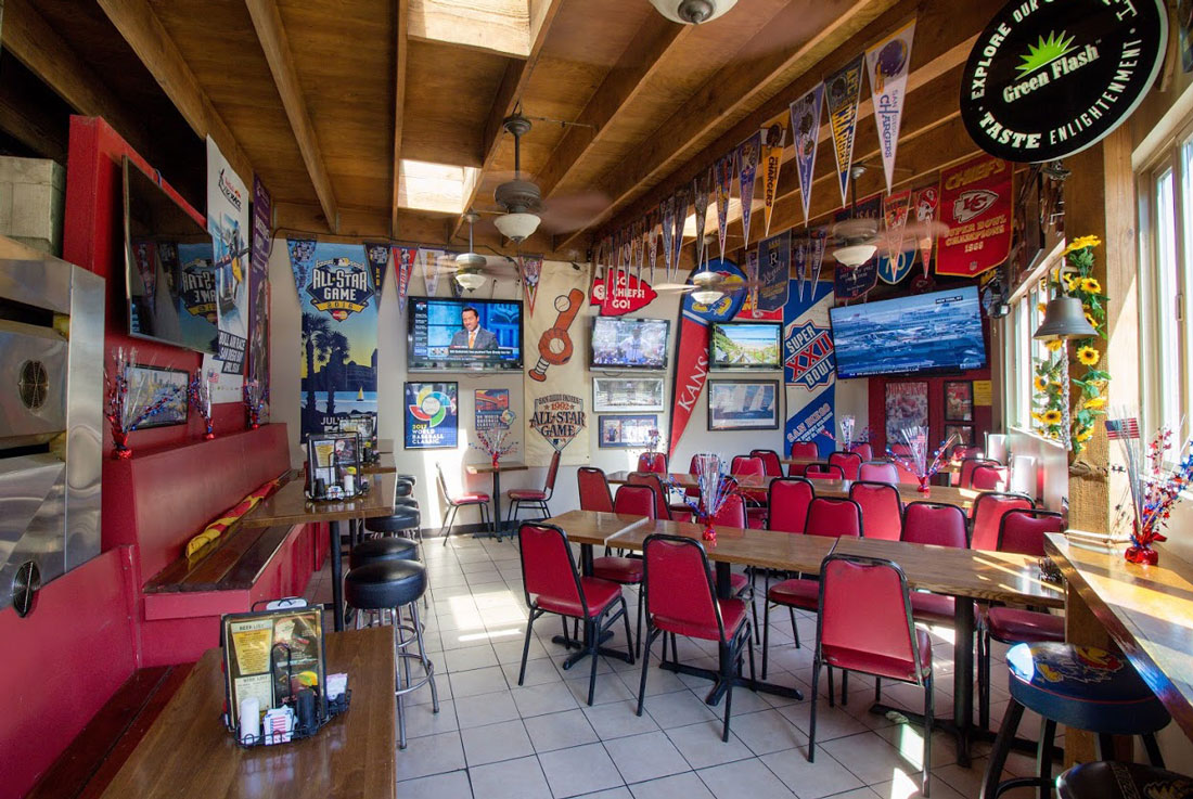 Exterior of San Diego sports bar Kansas City Barbecue where NFL fans watch Kansas City Chiefs football games in the Gaslamp Quarter