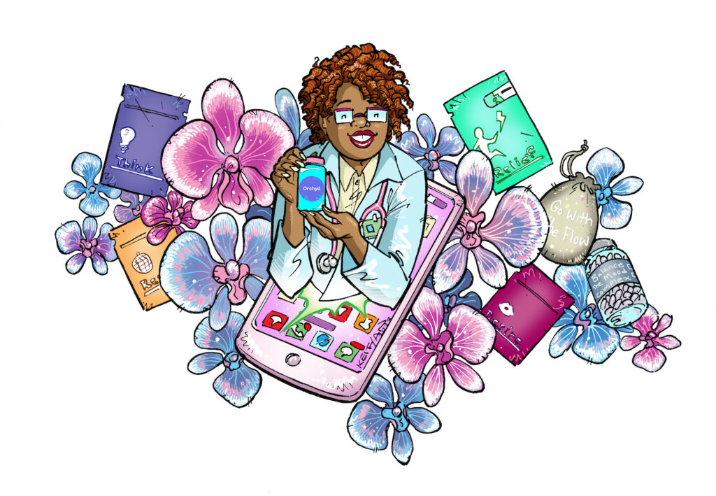 Cartoon Illustration of a doctor, the orchyd app, and orcchid flowers