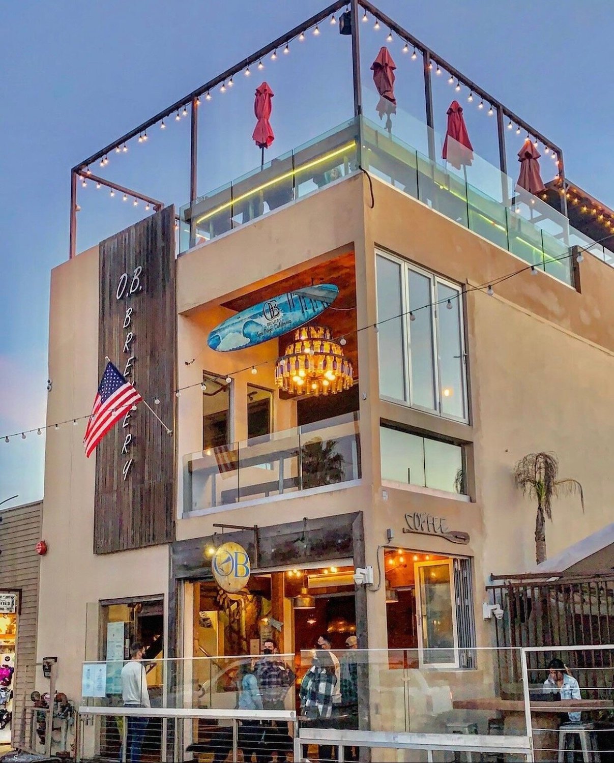 Exterior of San Diego sports bar Ocean Beach Brewery where NFL fans watch Los Angeles Rams football games in Ocean beach