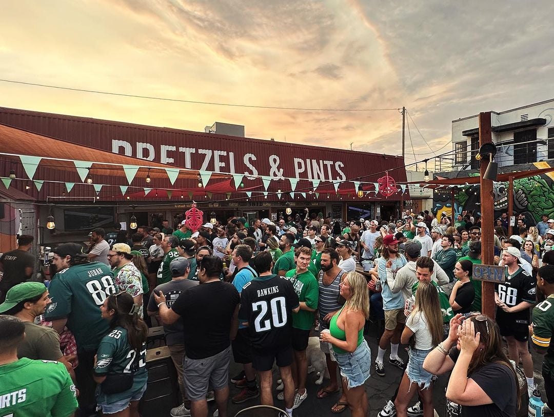 Exterior of San Diego sports bar Pretzels & Pints where NFL fans watch Philadelphia Eagle football games in North Park