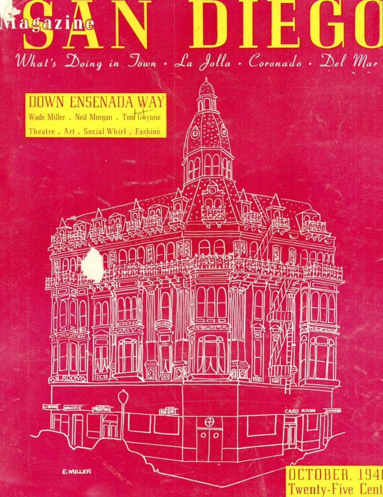 San Diego Magazine's First Cover from October 1949 Editor's Featuring an Illustration of a classic SD buidling on a red background