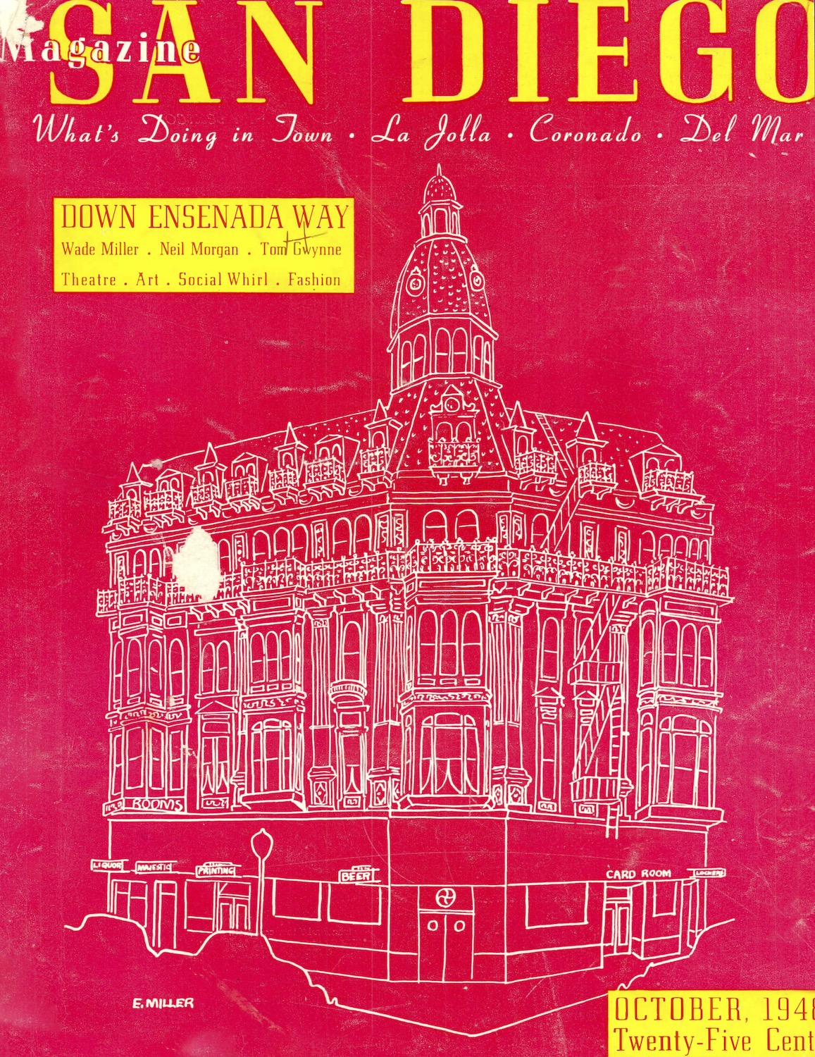 San Diego Magazine's First Cover from October 1949 Editor's Featuring an Illustration of a classic SD buidling on a red background