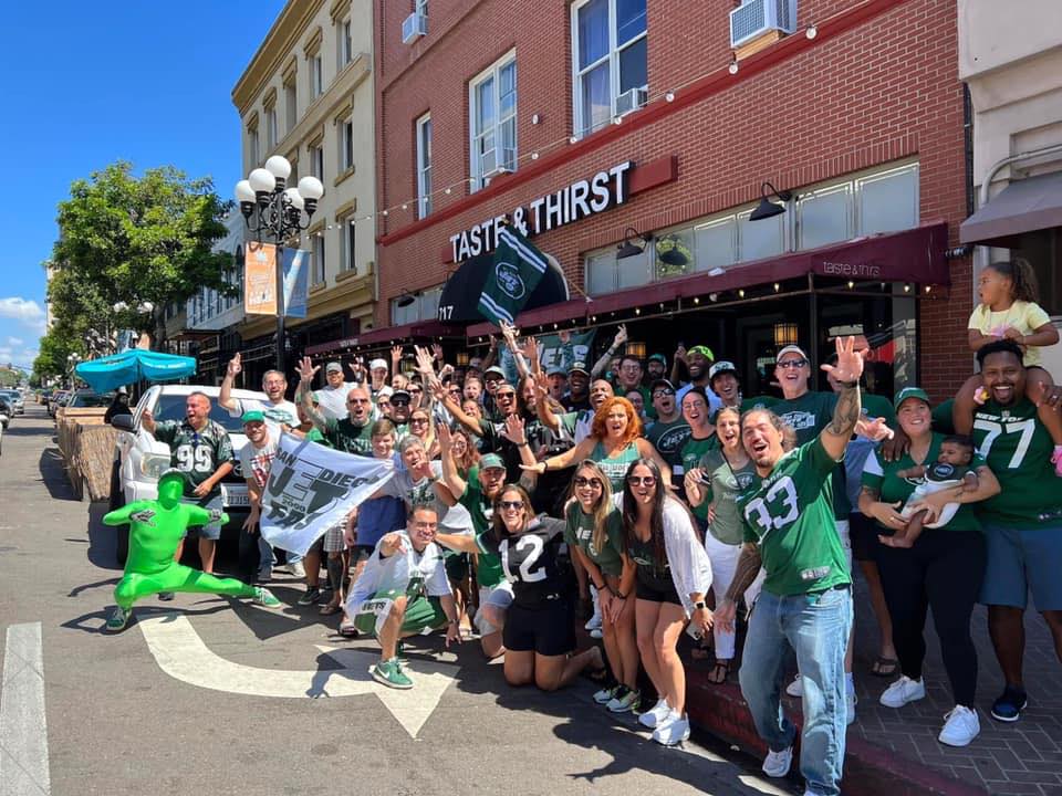 Exterior of San Diego sports bar Taste and Thirst where NFL fans watch New York Jets football games downtown