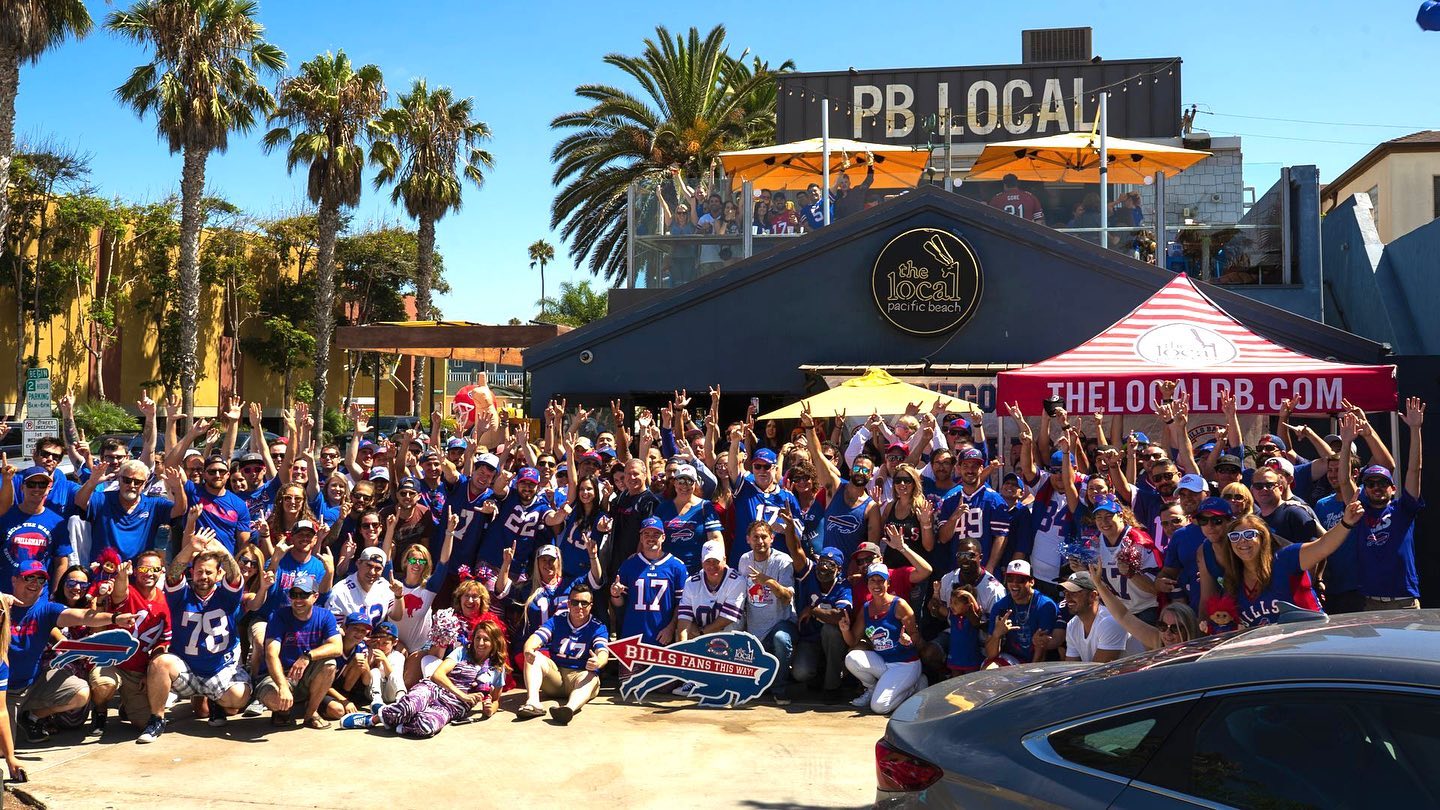 Exterior of San Diego sports bar The Local where NFL fans watch Buffalo Bills football games in Pacific Beach