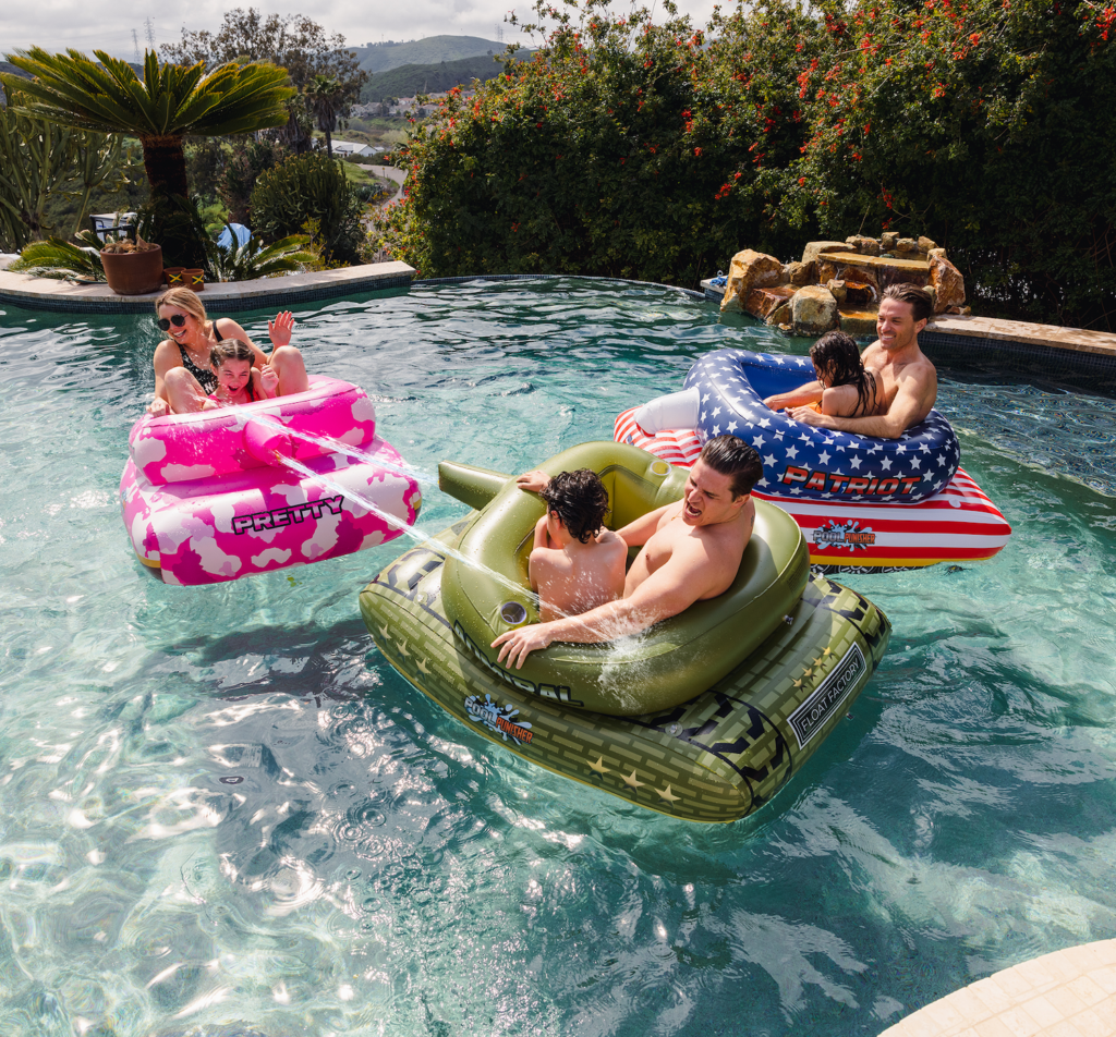 Local stokes San Diego product Float Factory featuring inflatables shaped like tanks in a pool