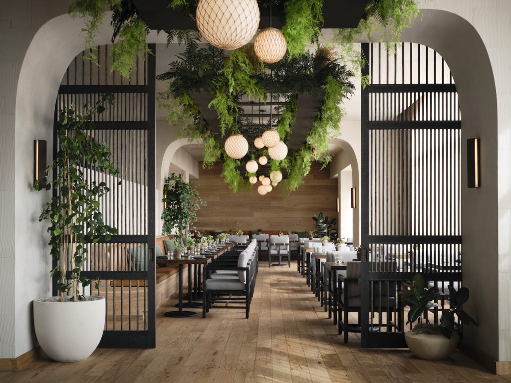 Restaurant Terrene featuring oak flooring and hanging plants located in 1 Hotel San Francisco 