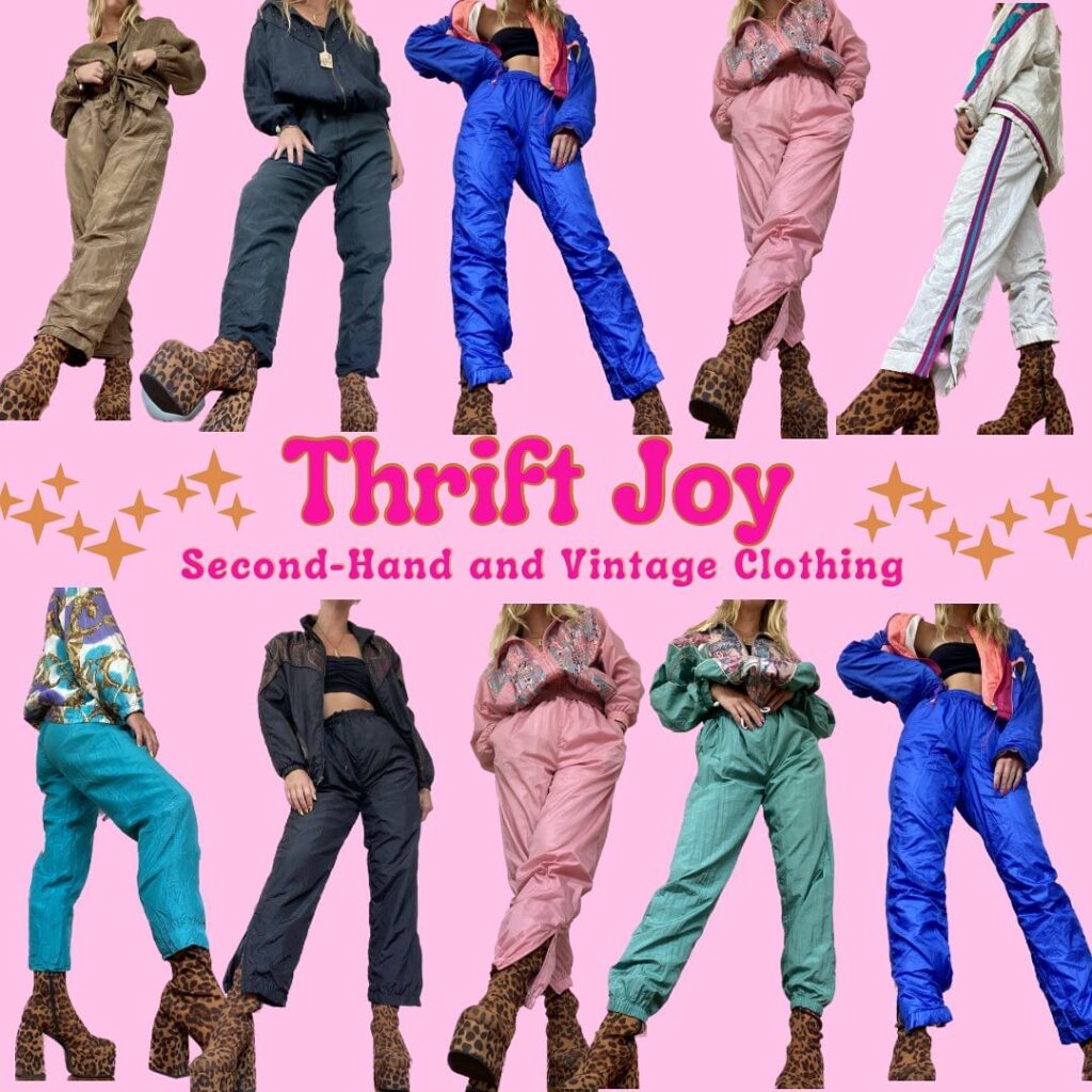 Thrifted outfits in a row with the text "Thrift Joy: Second-Hand and Vintage Clothing"