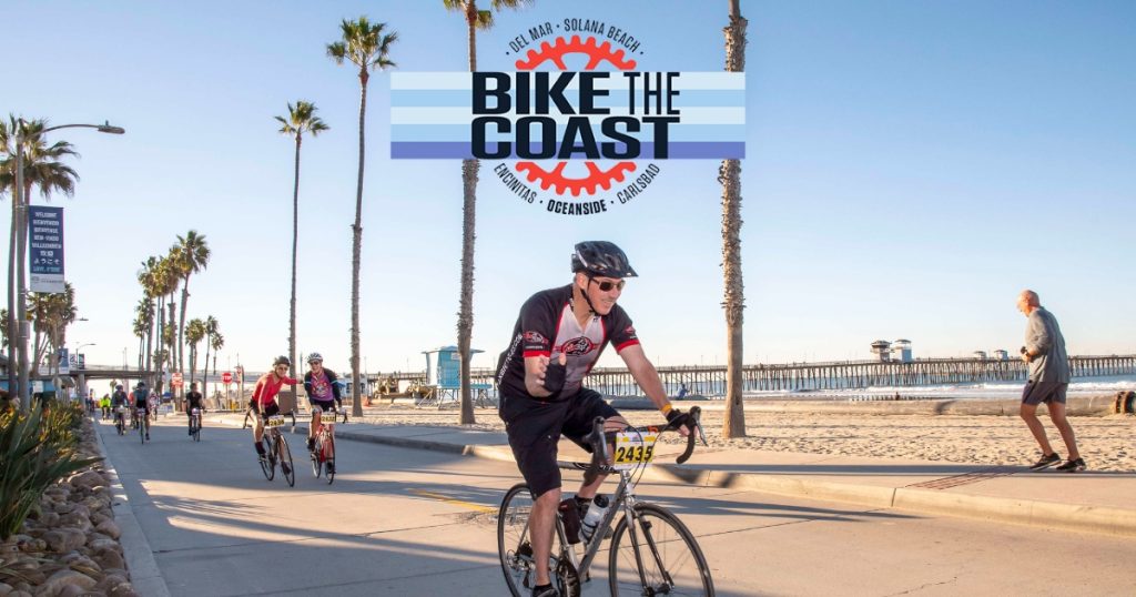 Promotional image of cyclist and oceanside pier for the 2023 Bike the Coast bike event in San Diego