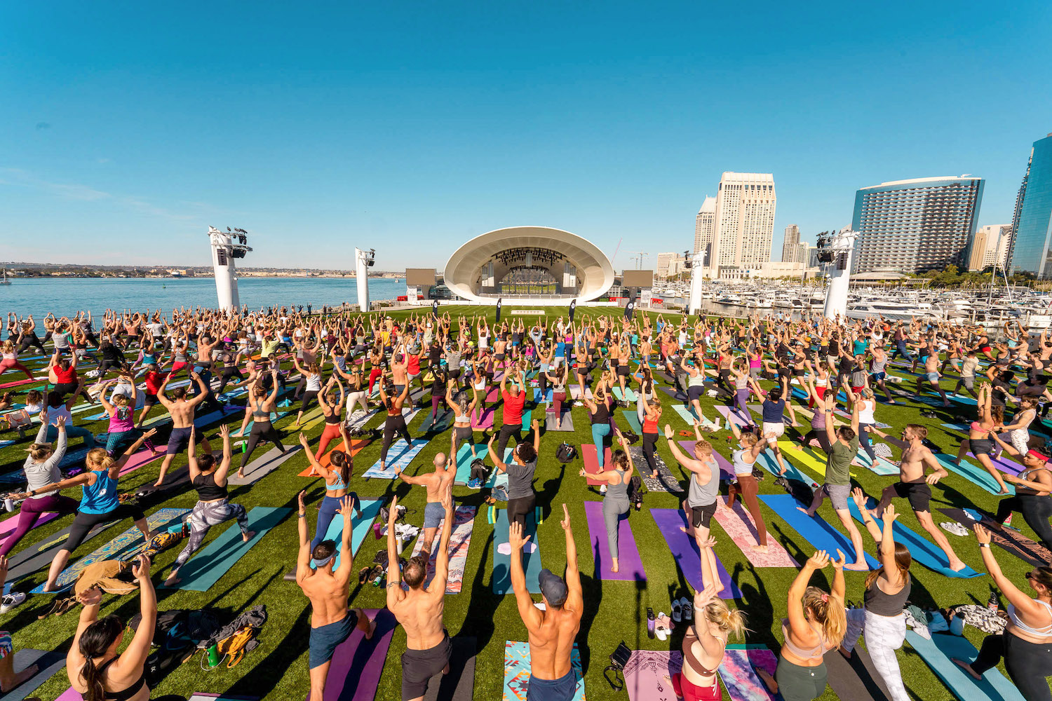 San Diego November Calendar: Hundreds of people practicing yoga on the lawn at the San Diego Rady Shell