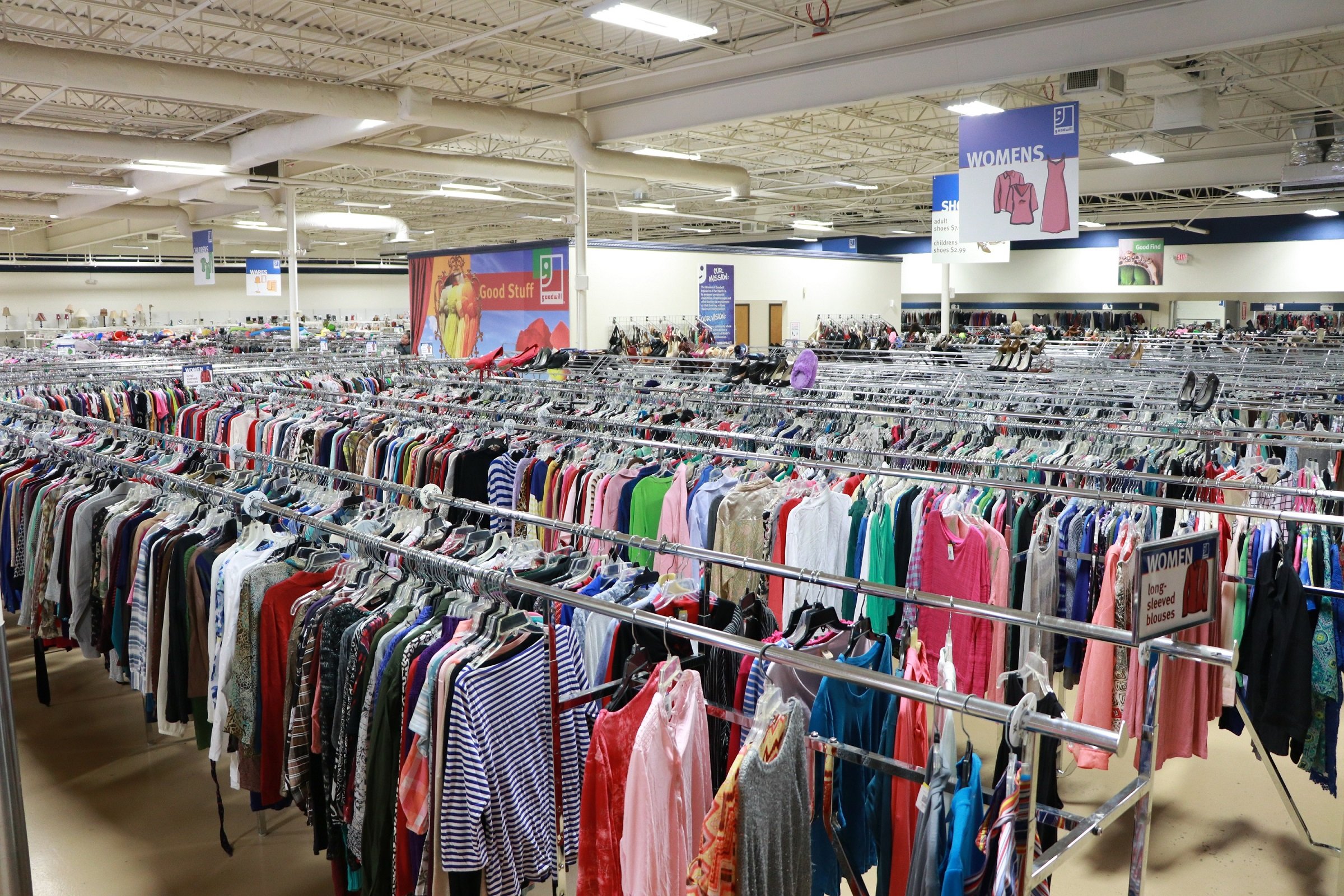 Interior of San Diego Thirft Store with racks of clothing
