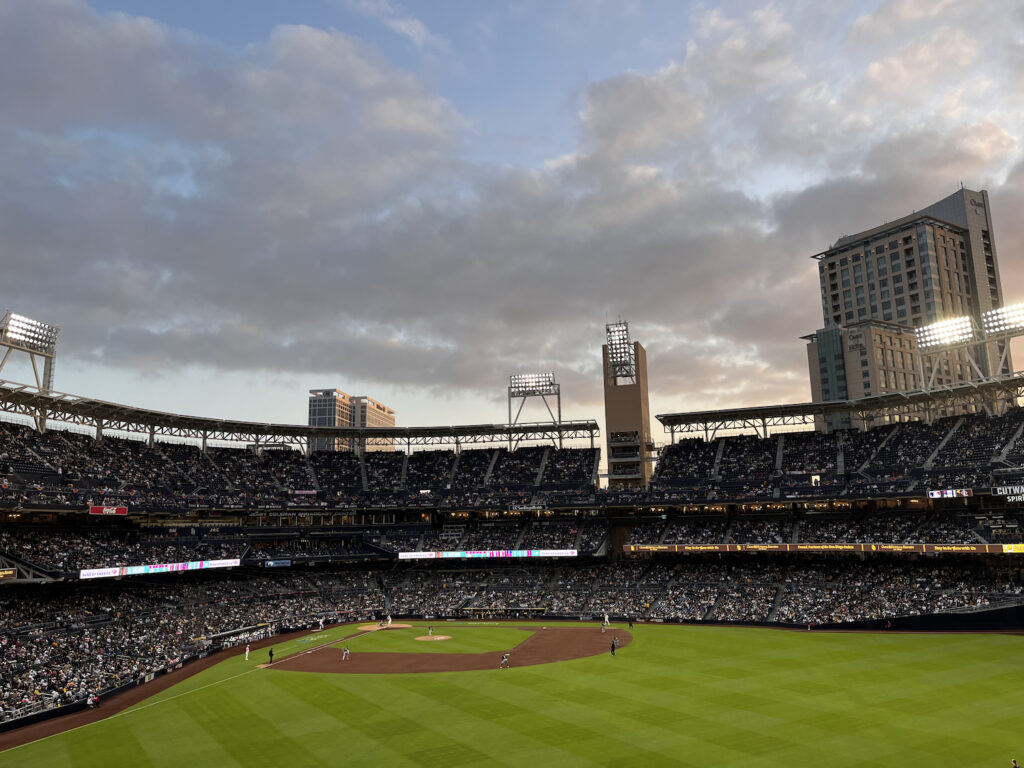 Padres playing in Petco Park at sunset 