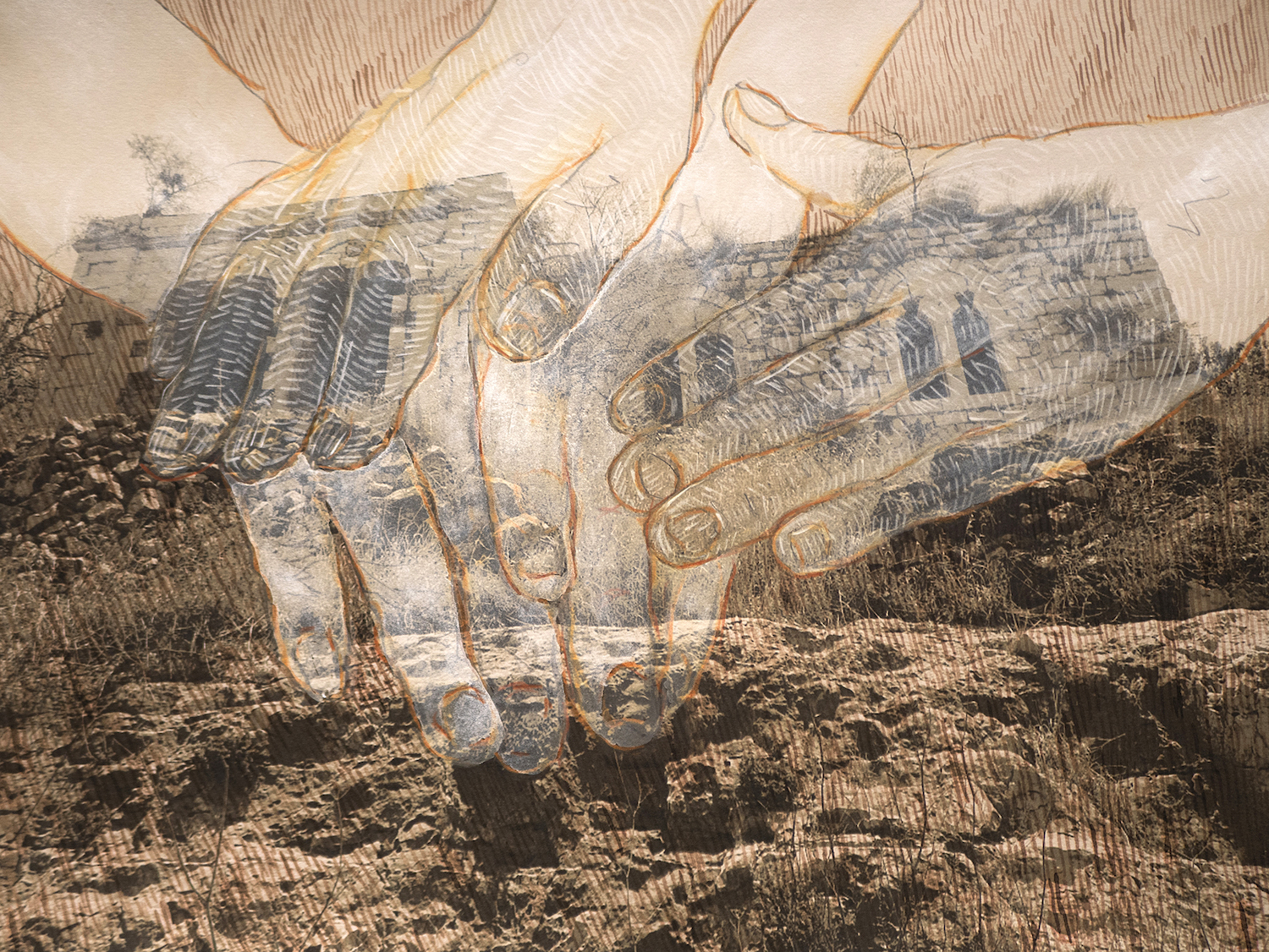 John Halaka Ghosts of Presence-Bodies of Abscence. Hands of Survivors art piece depicting hands overlayed on a native home