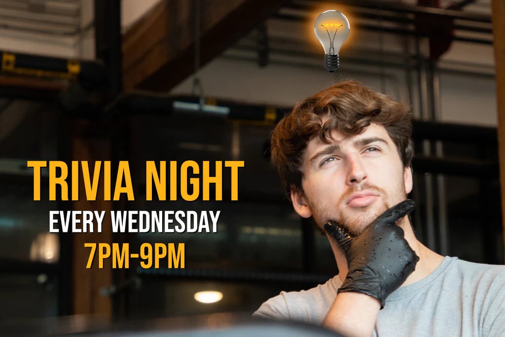 A bartender deep in thought with the text "Trivia Night Every Wednesday 7-9PM" at Resident Brewing