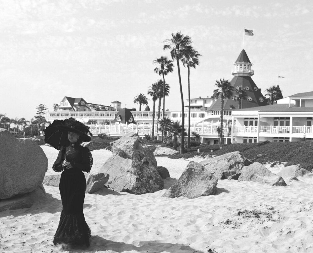 Reenactment of Kate Morgan in front of the Hotel del Coronado, one of San Diego's most haunted places