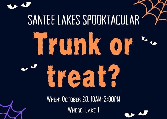 Promotional ad for the Santee Lakes Spooktacular with the text "Trunk or Treat?"