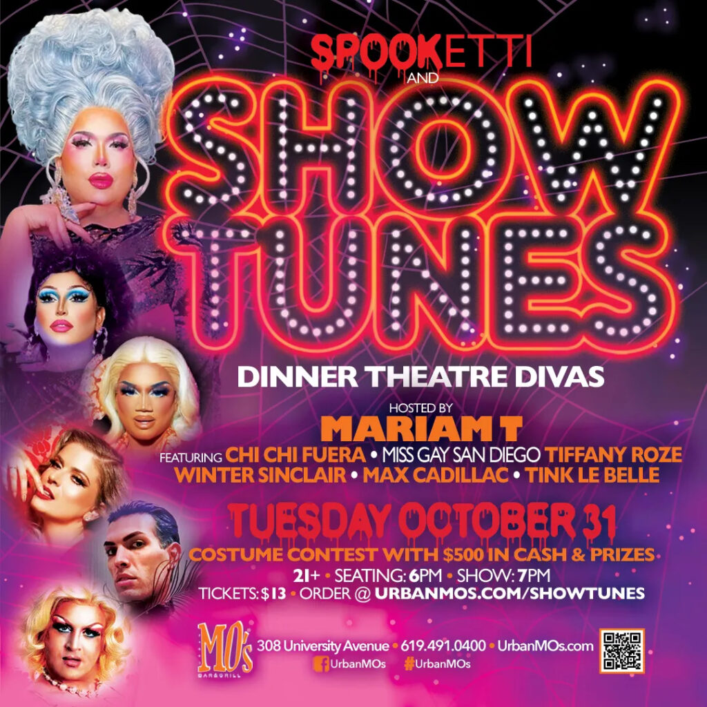 Promotional ad for Urban Mo's in Hillcrest with a lineup for their "Spooketti & Show Tunes Dinner"