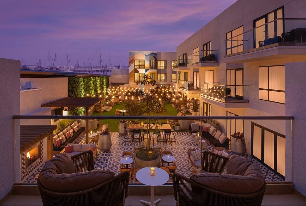 A patio view of Point Loma from the Monsaraz hotel in San Diego