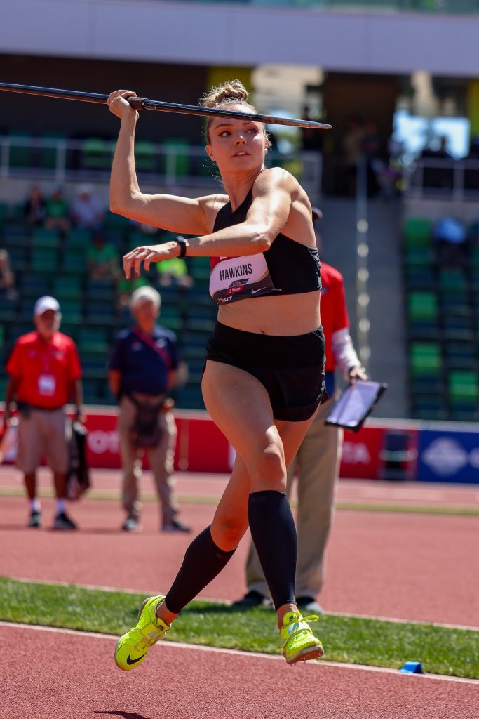 US gold medalist track & field athlete Chari Hawkins throwing javelin