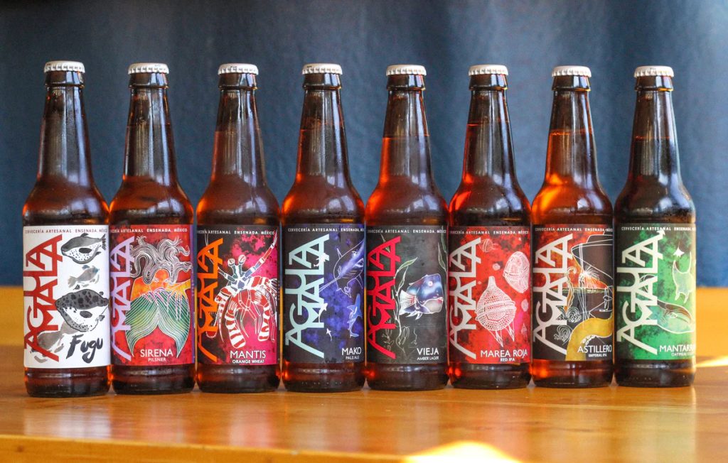 Cervecería Agua Mala's current lineup of beers featuring marine life illustrations 