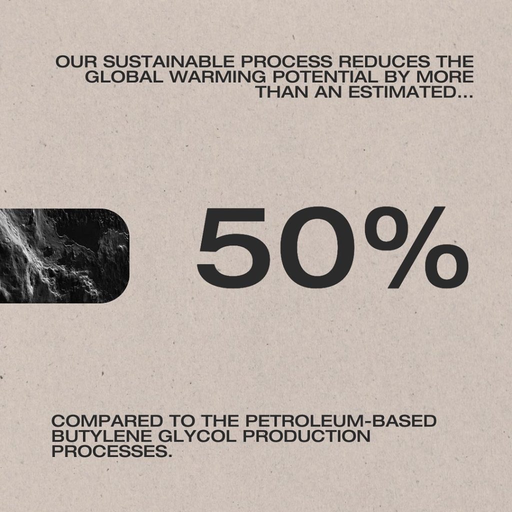 Brontide infographic stating that their processes reduce global warming potential by 50% compared to petroleum-based butylene glycol production processes