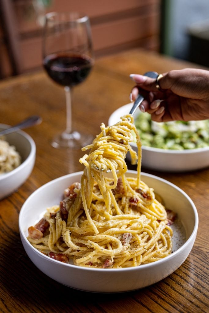 Carbonara pasta food dish from San Diego Hillcrest restaurant Rusticucina