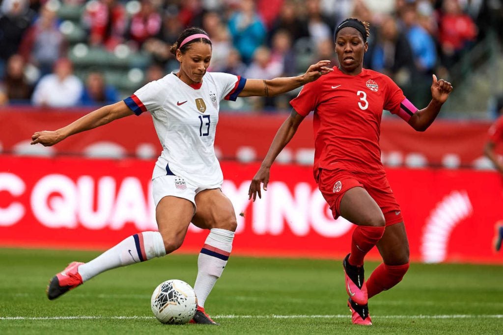 Actions shot of players during the Concaf women's soccer match between the US national team and Canada