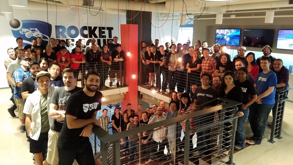 Group photo of the video game developers at San Diego studio Psyonix responsible for Rocket League