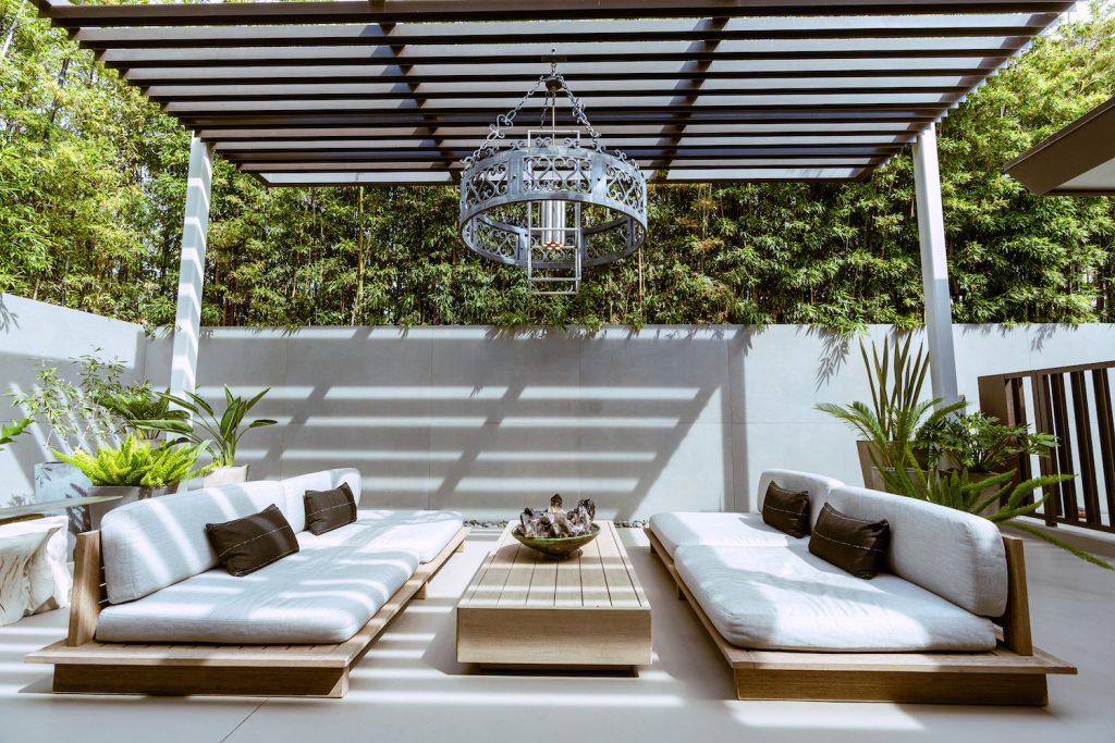 Karen Krasne's outdoor courtyard and firepit surrounded by bamboo