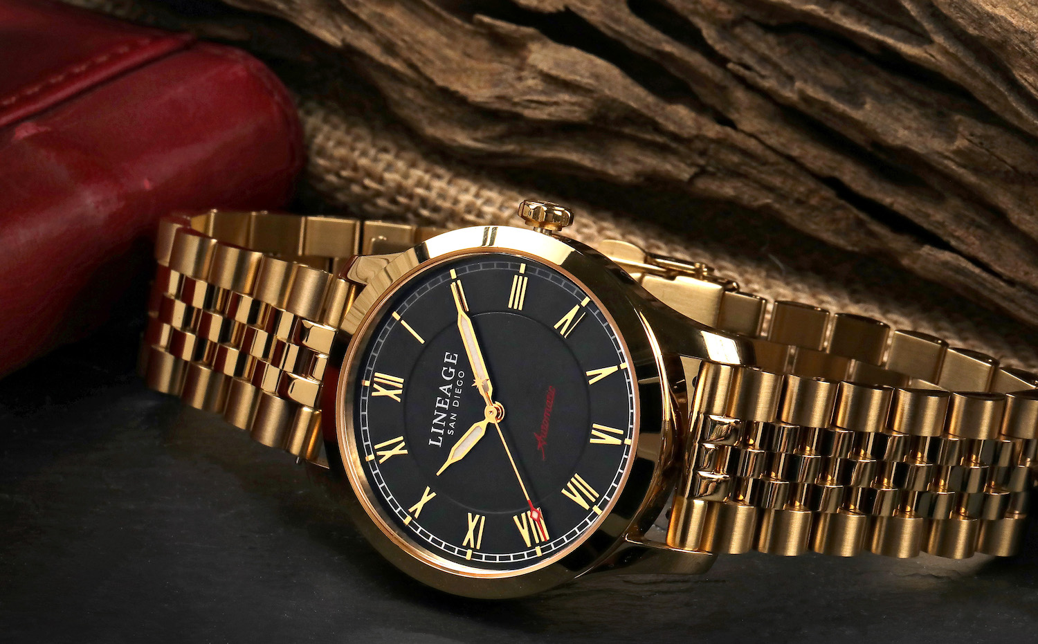 Gold watch produced by San Diego company Lineage Watch Co.