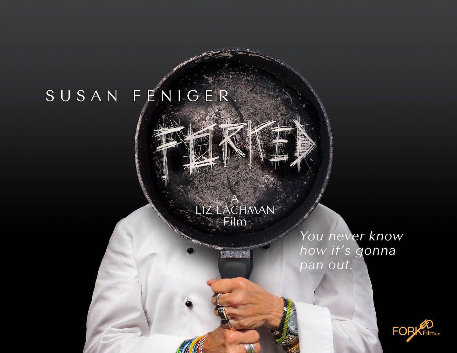 Poster for Susan Feniger film "Forked" with a cover depicting the chef holding a pan over her face
