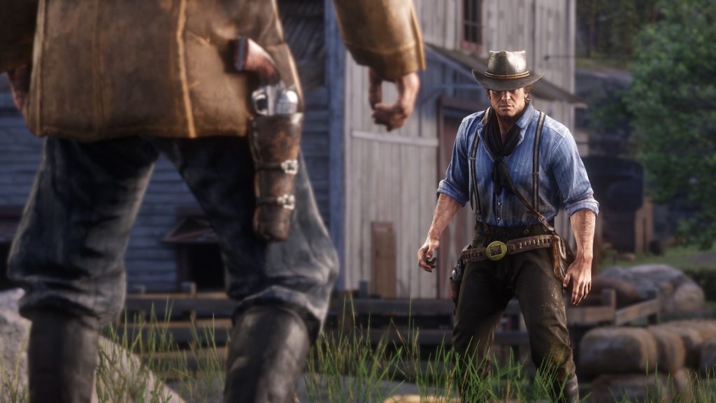 Red Dead Redemption 2 video game developed by Rockstar Games screenshot of cowboys about to have a shootout