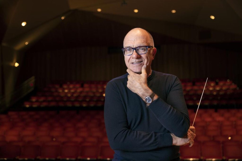 Music director emeritus and guest conductor Steven Schick holding a conducting baton at the La Jolla Symphony & Chorus in 2024