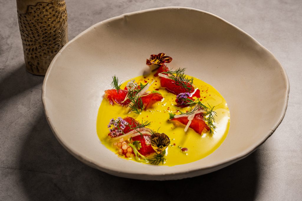 Tuna crudo with a corn and coconut broth at Tia Carmen in Phoenix, where the menu shines with heirloom and Indigenous foods.