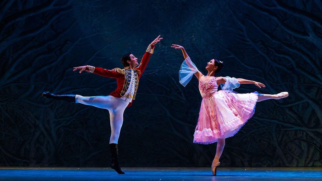Two ballerinas dancing on stage during a production of The Nutcracker from the World Ballet Series performing at Balboa Theatre 