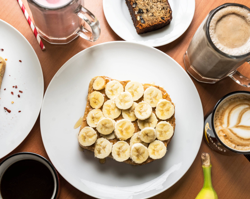 A banana toast and several coffee drinks from Banana Dang Coffee located in Oceanside 