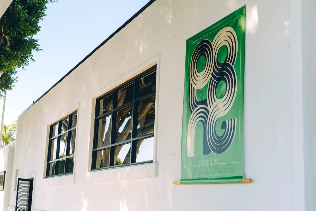 Exterior of Oolong Gallery in Encinitas where exhibits "Light Waves" by Natalja Kent and "Place" by Nick McPhail