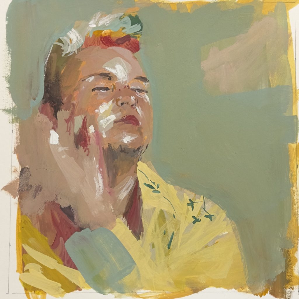 Painting by Noah Saterstrom of Drew Sitton scratching his beard while dressed in a bright yellow coat