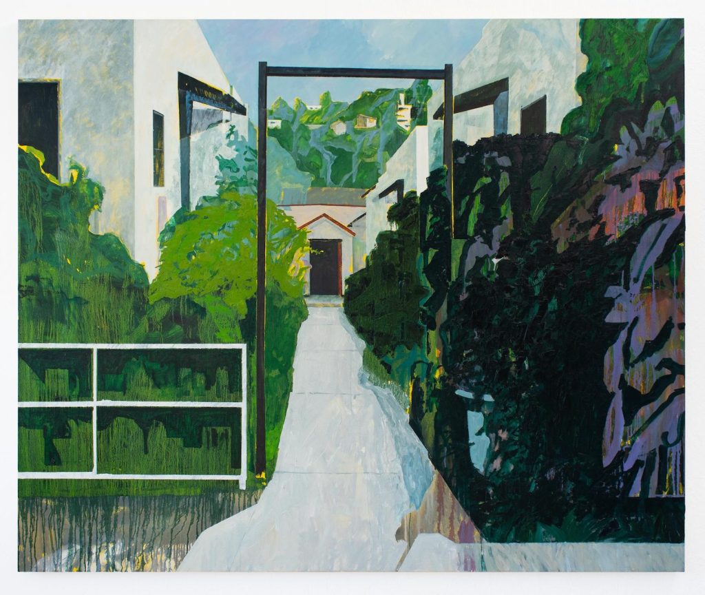 Painting from Nick McPhail's "Place" art exhibit at Oolong Gallery in Encinitas of a residential walkway leading to a grassy hill