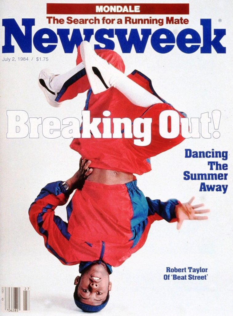July 2, 1984, copy of Newsweek magazine featuring a breakdancer spinning on his head with the text “BREAKING” in bold, white letters