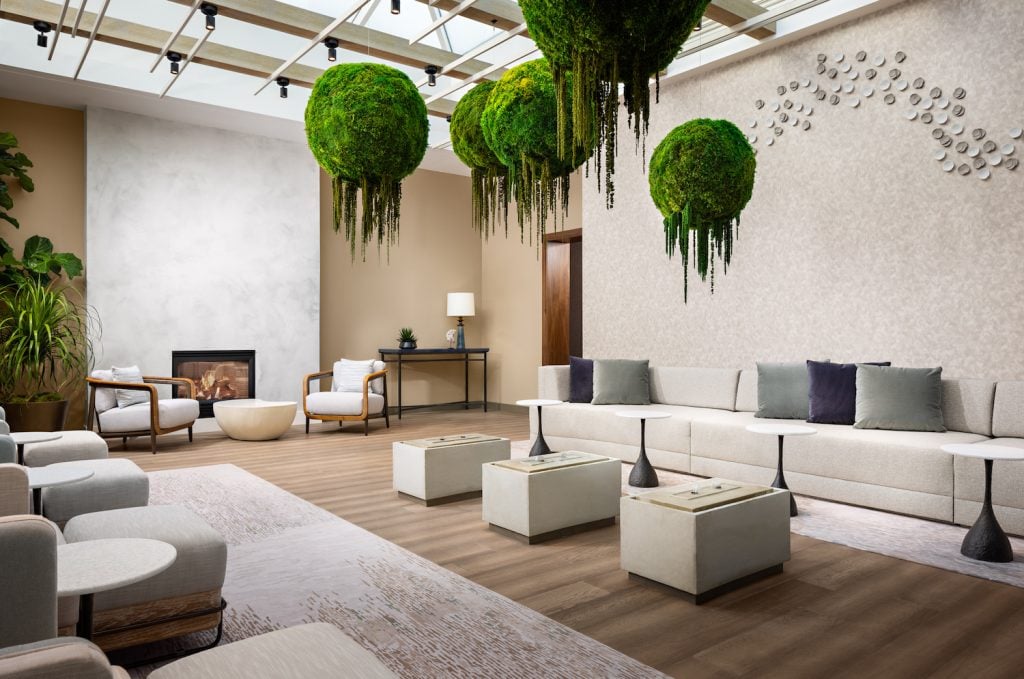 Interior of Miraval Life in Balance Spa at Park Hyatt Aviara featuring hanging plants, a lounge area, and a skylight roof